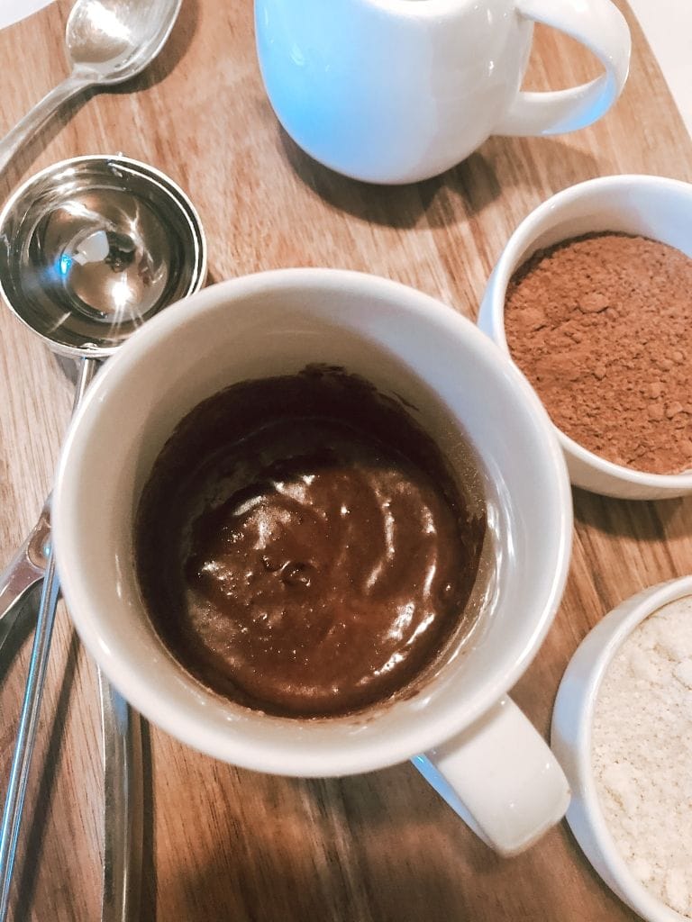 Close up of guilt-free chocolate mug cake batter