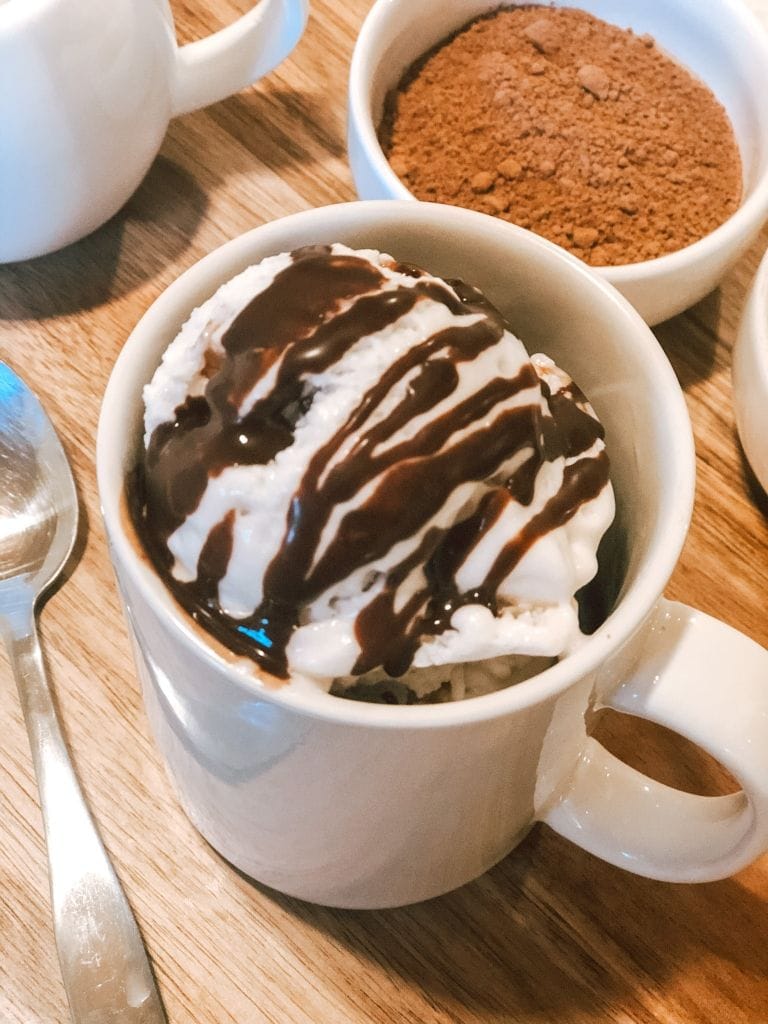 Close up of guilt-free chocolate mug cake topped with ice-cream and chocolate drizzle
