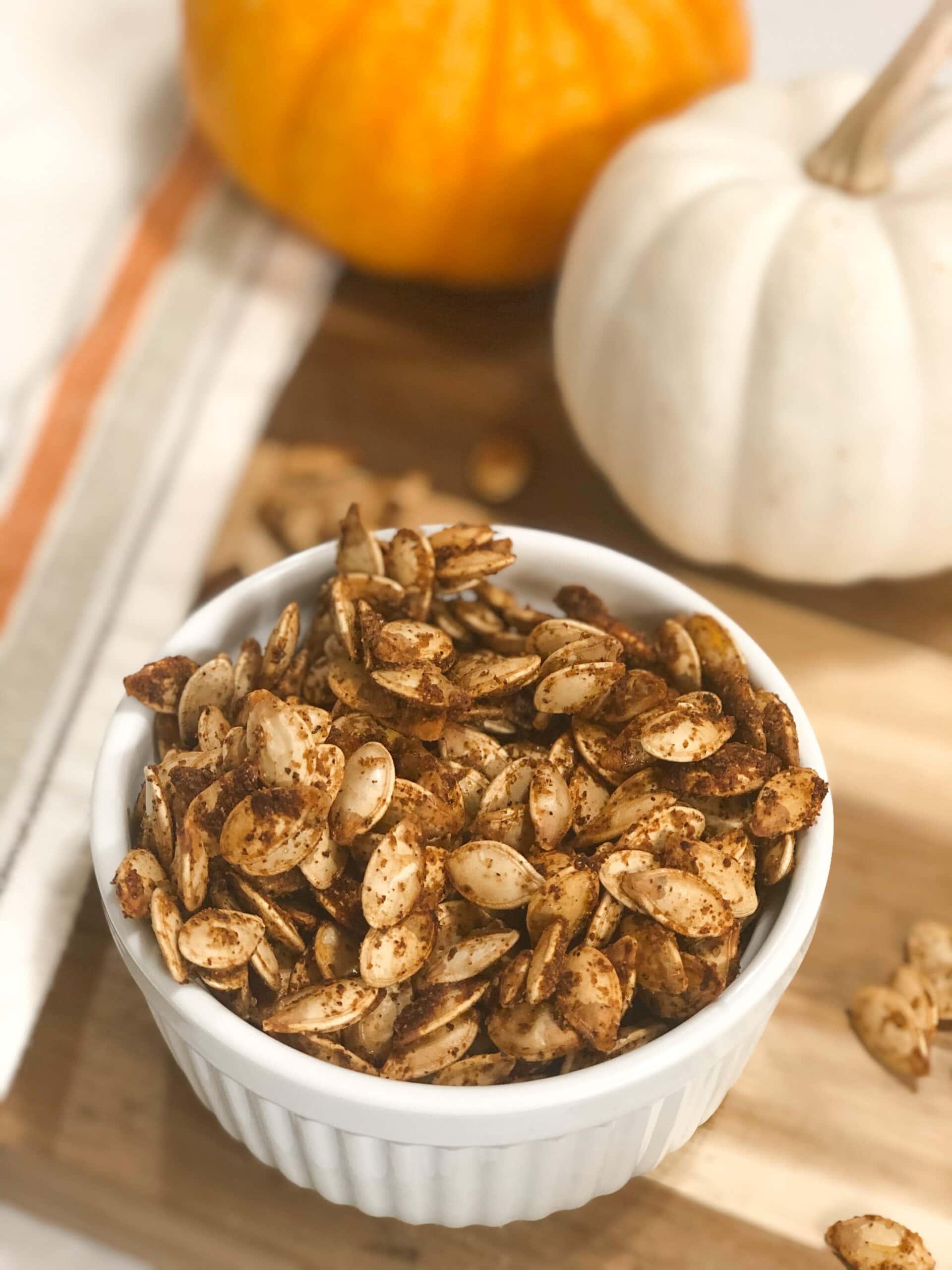 Close up of spicy roasted pumpkin seeds