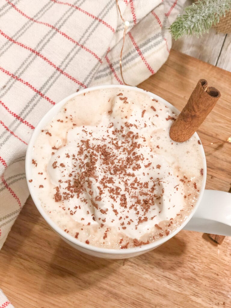 Close up of hot cocoa in white mug