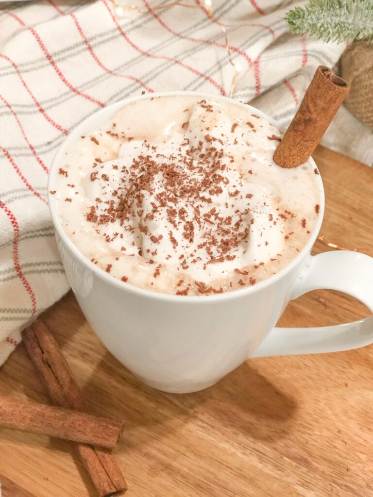Close up of hot cocoa in white mug