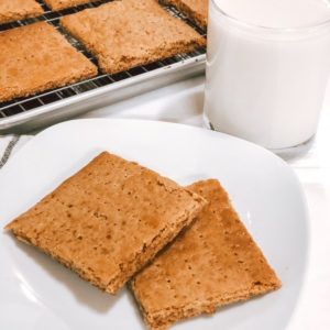 Close up of graham crackers on a white plate with a glass of milk
