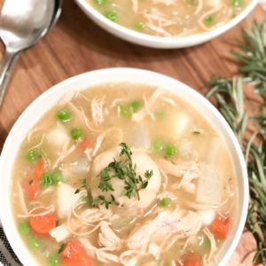 Close up of chicken-n-dumpling pot pie soup