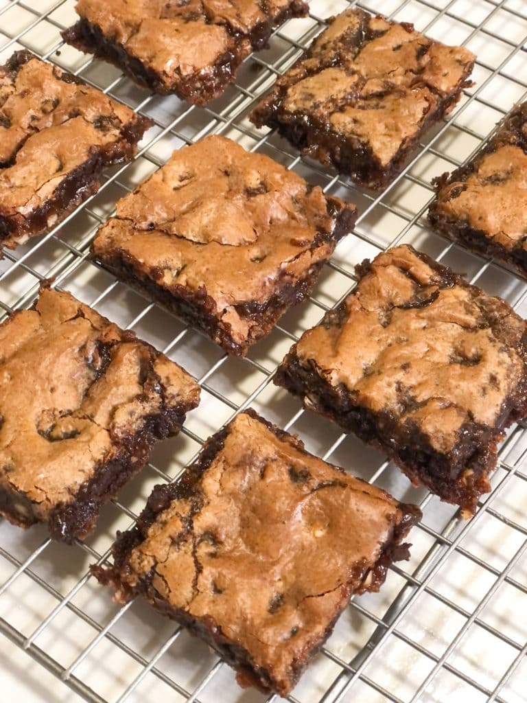 Close up of Paleo chocolate chip blondies on cooling rack