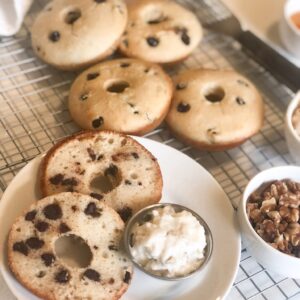 Close up of chocolate chip bagels with dairy free cream cheese