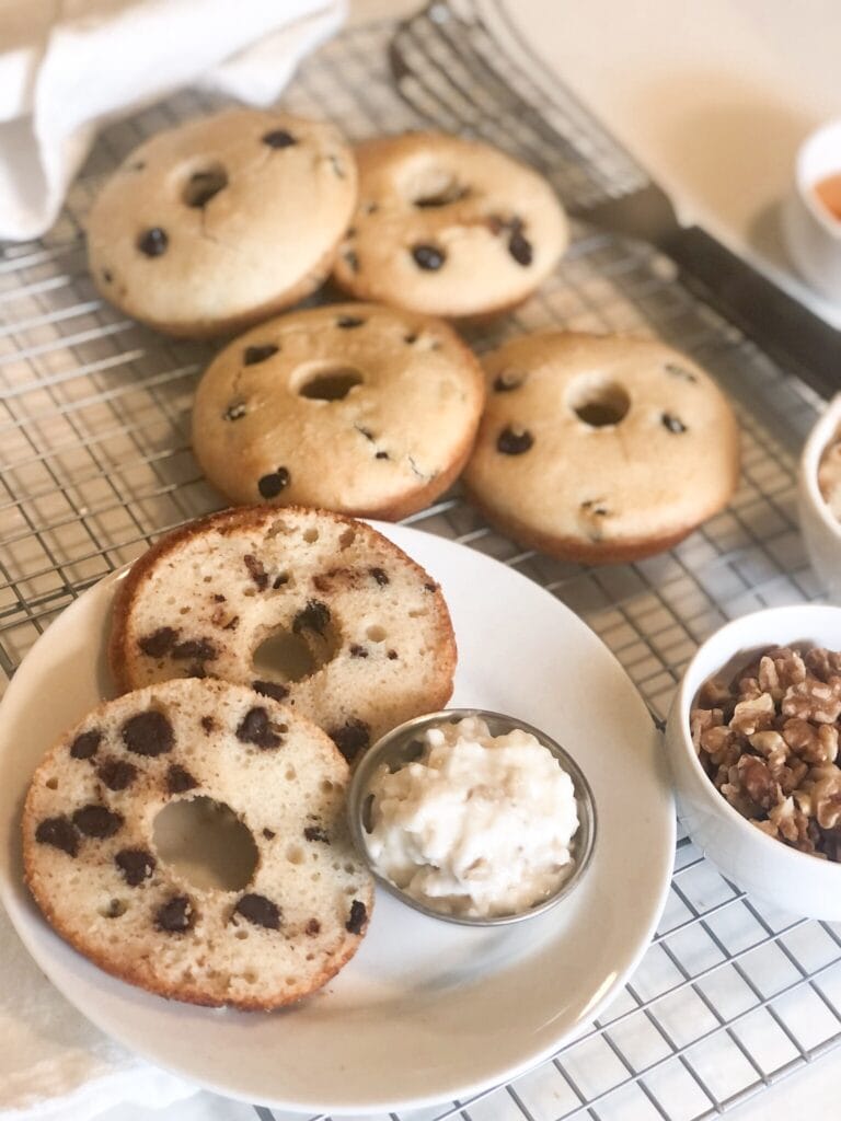 Close up of chocolate chip bagels with dairy free cream cheese