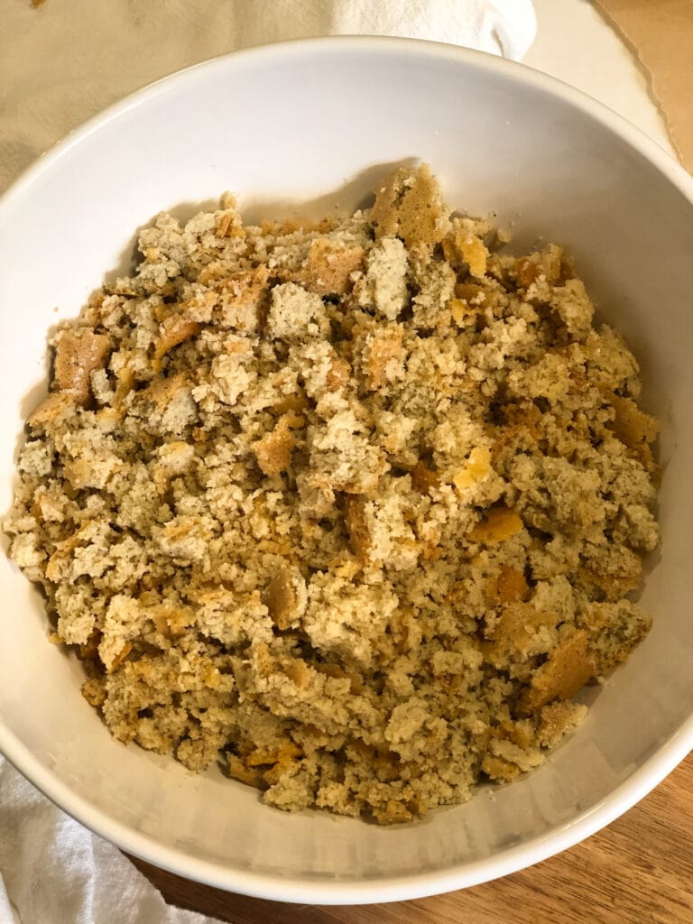 Crumbled cornbread in a bowl