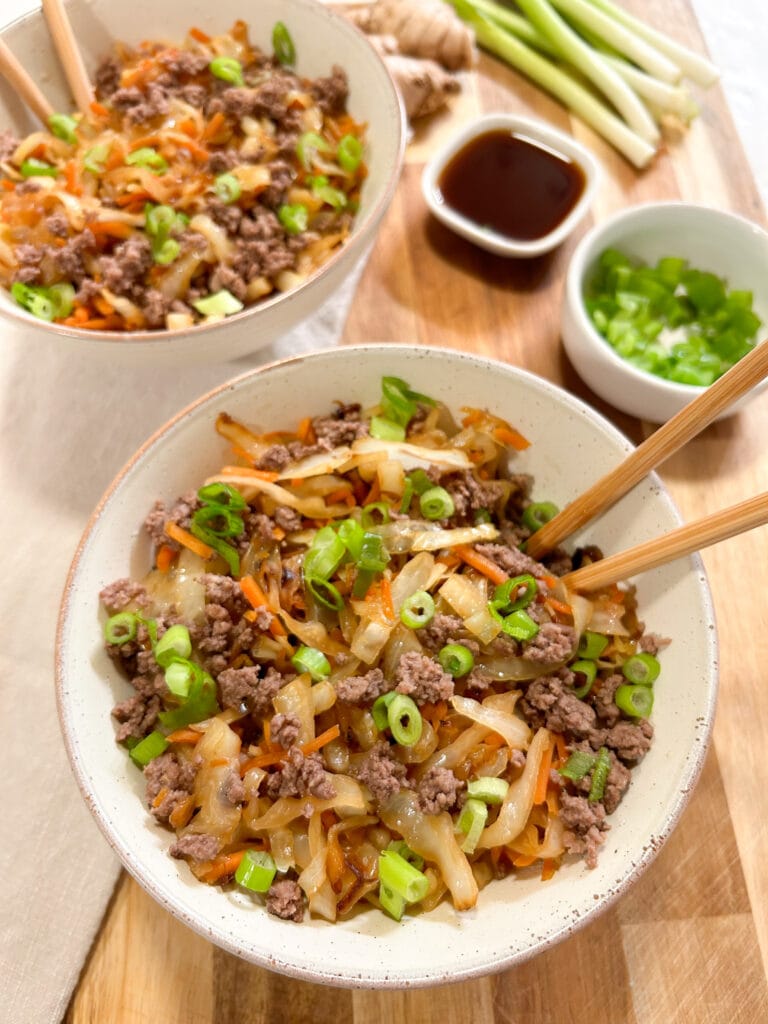 Egg Roll In A bowl with chopsticks